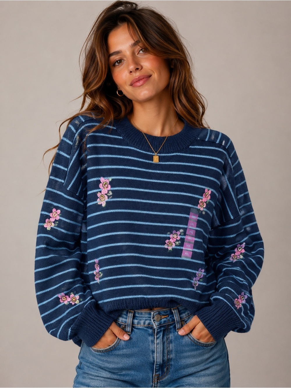 Joseph A. Navy Striped Floral Embroidered Knit Crewneck Sweater XXL Cottagegore